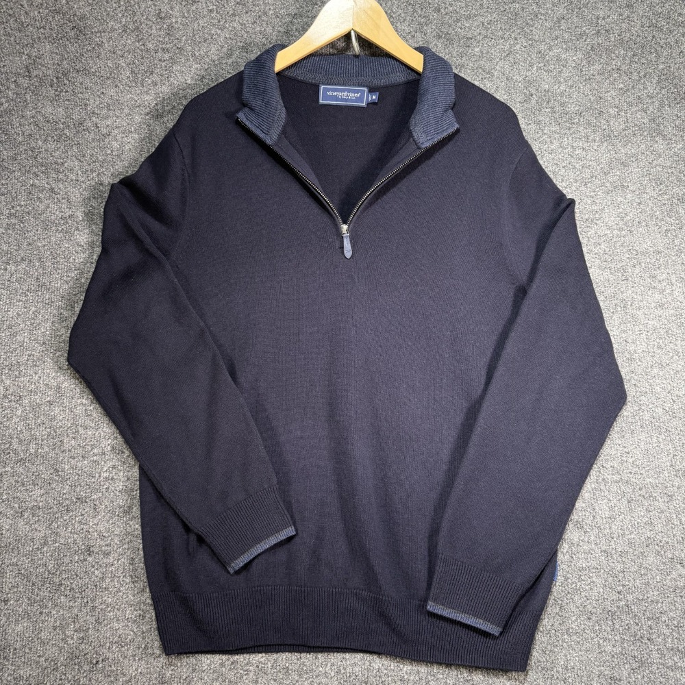 Vineyard Vines Boathouse Tipped 1/4 Zip Sweater Men's Medium Blue Marino Wool